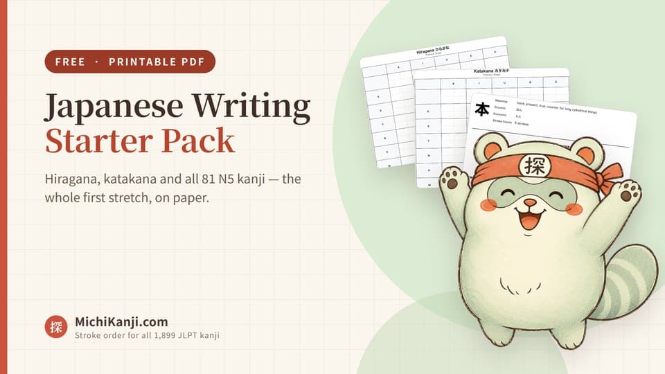 Free Japanese writing starter pack — hiragana, katakana and all 82 N5 kanji